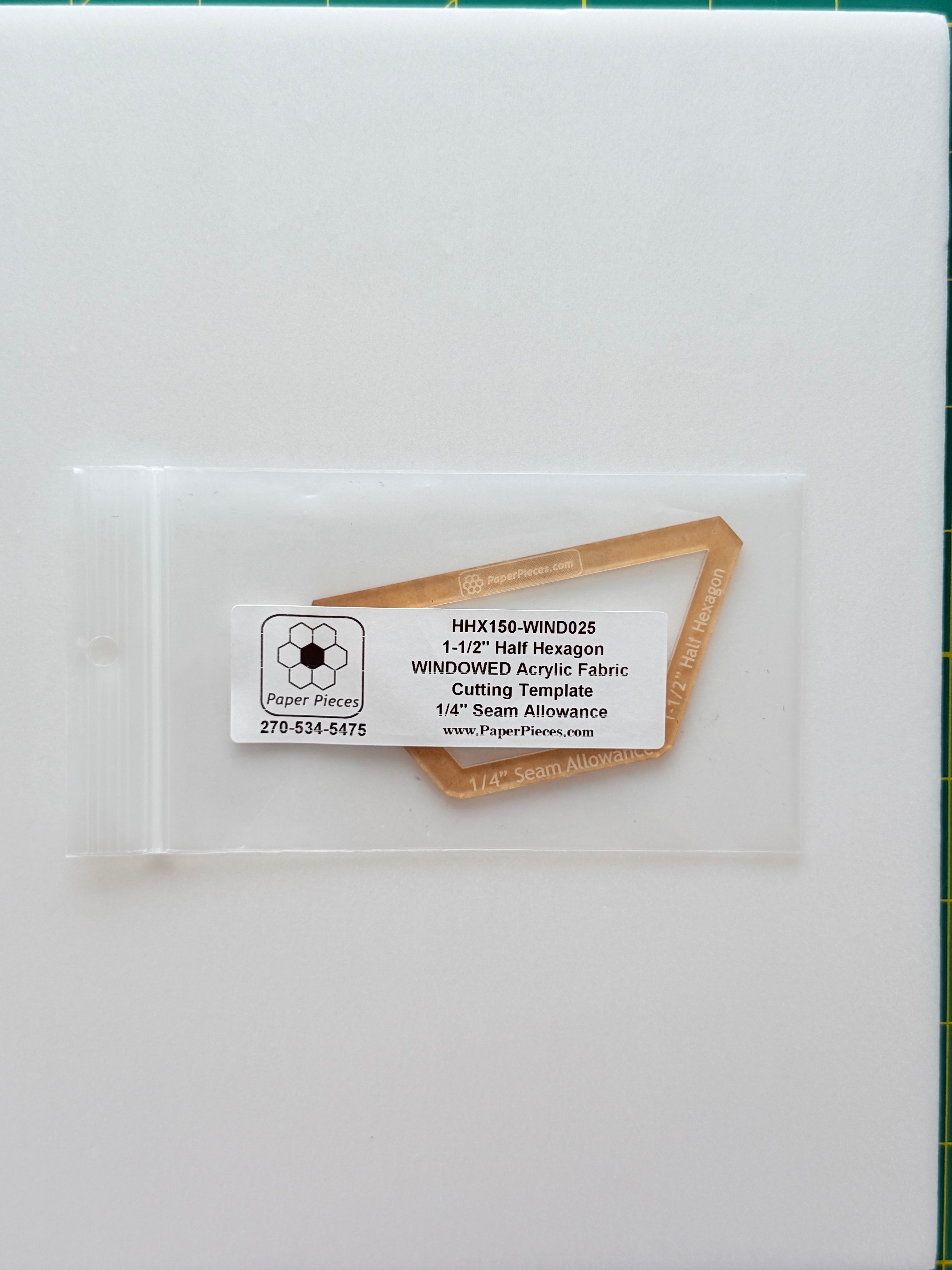 Acrylic Template - 1 1/2" Half Hexagons - 1/4" Windowed
